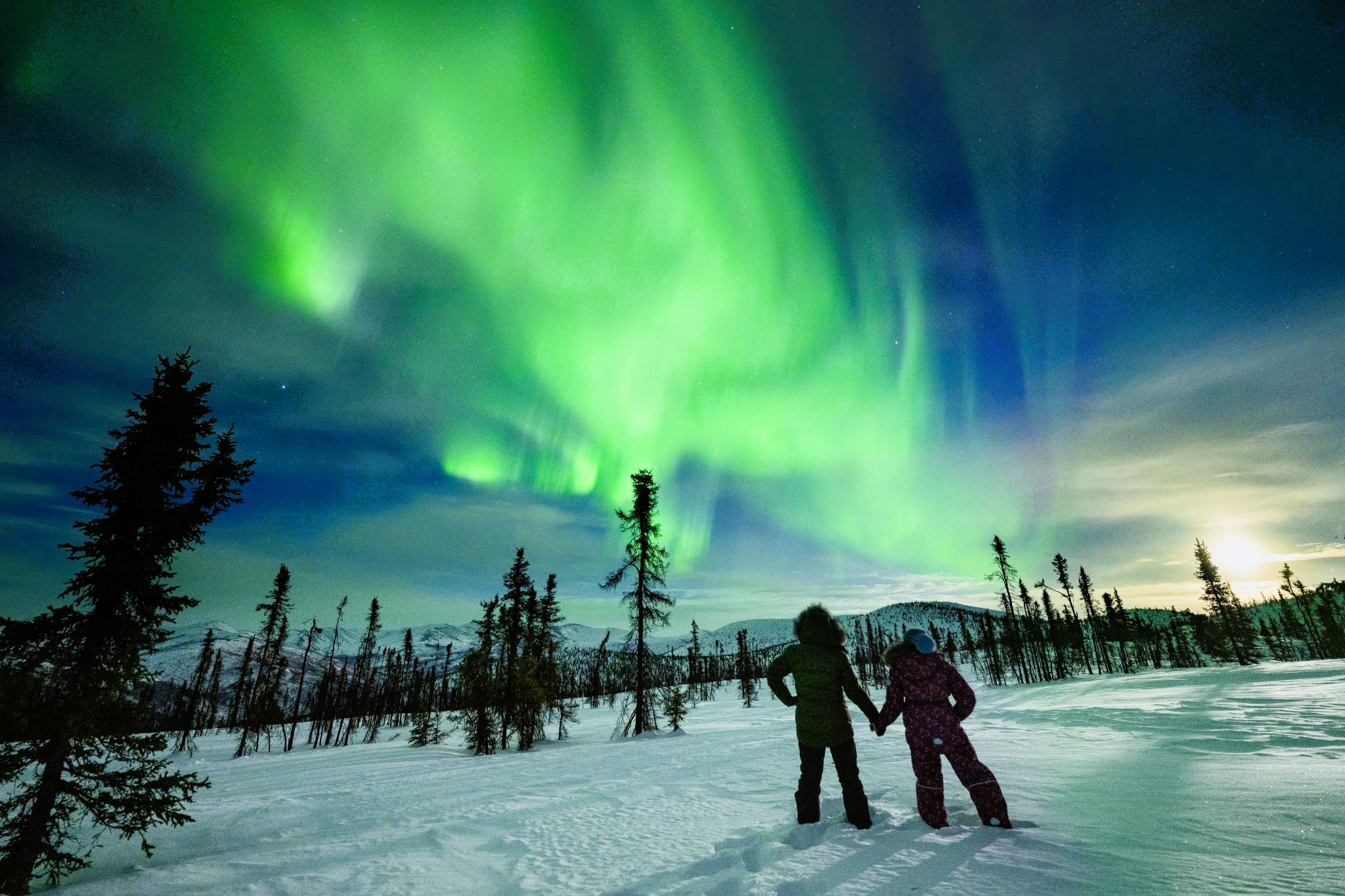 Two people stand holding hands on snowy ground, surrounded by trees, looking up at a vivid green aurora borealis in the night sky.